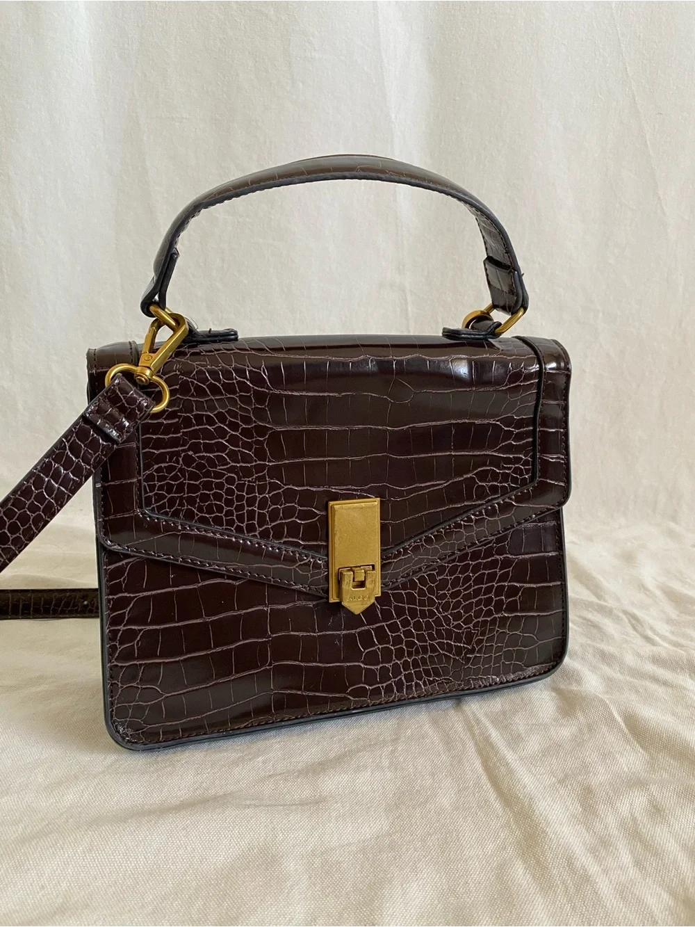Aldo Brown croc-embossed structured top-handle satchel / crossbody bag